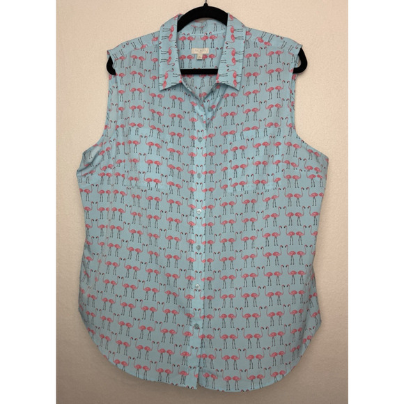 Talbots Tops - Talbots Women's Blue Sleeveless Button Up Top Size XL Flamingo Print Blouse